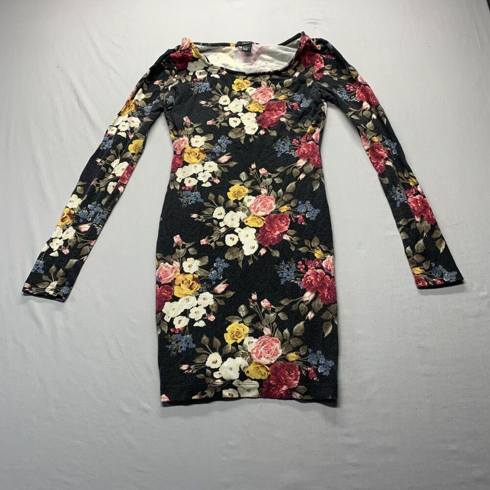 Forever 21 Womens Floral Tunic Top Black Red Rose Long Sleeve Size S Y2K